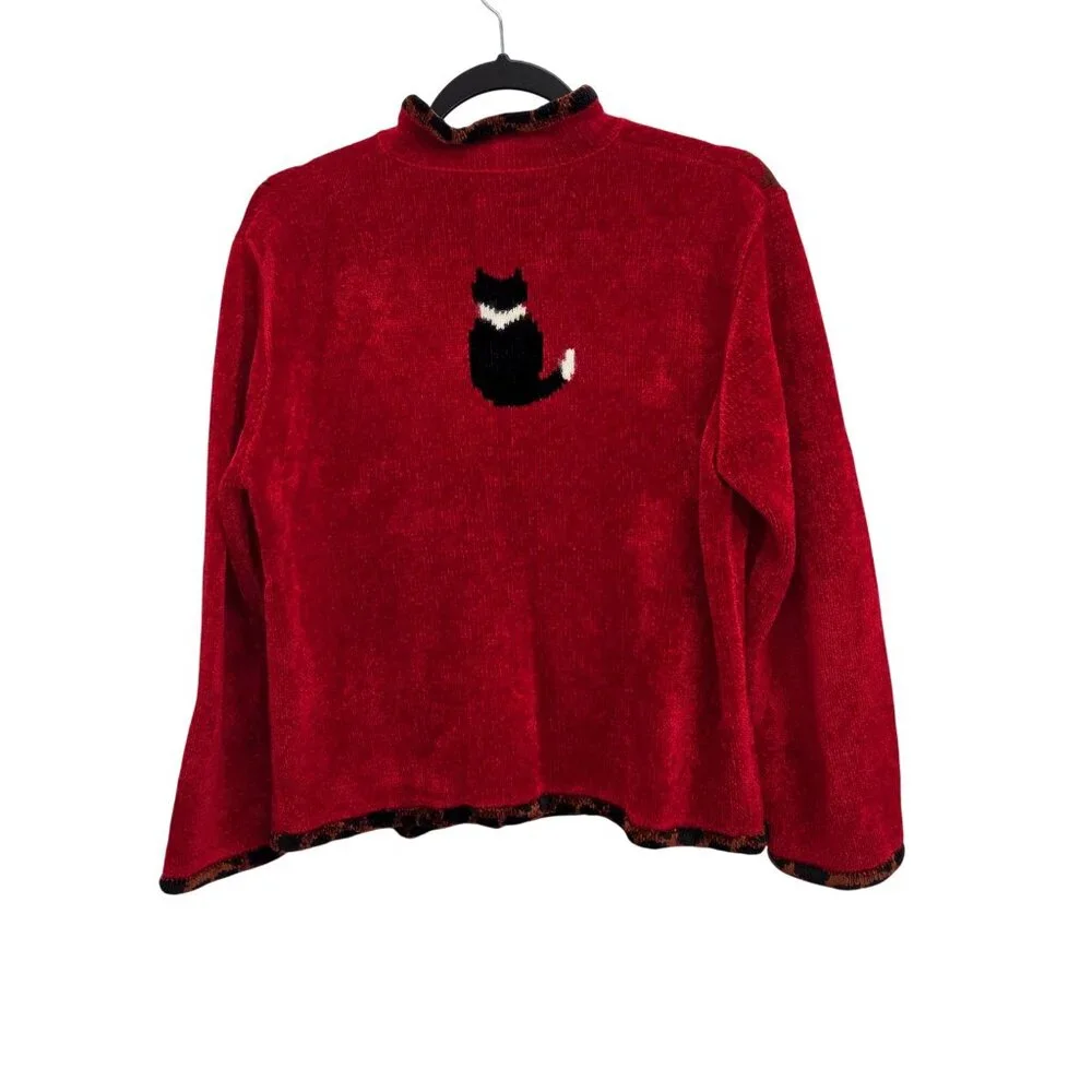 Susan Bristol Ltd. Vintage Womens L  Red Cat Print Full Zip Sweater 2288 - Picture 3 of 8